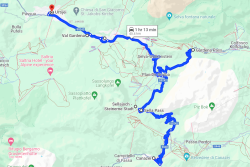 Trip map of From Canasei northwest through Val Gardena to Ortisei in Italy
