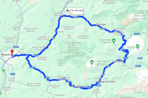 Trip map of From Bolzano to Canazei via Val Gardena and-or via Vigo di Fassa in Italy