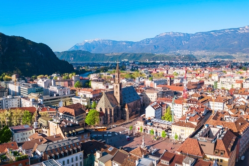 Bolzano aerial panoramic view, Bolzano is the capital city of the South Tyrol province, Trentino Alto Adige, northern Italy