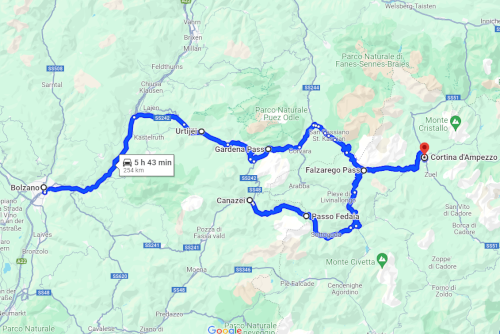 Trip map of From Bolzano and Canazei to Cortina d'Ampazzio in Italy