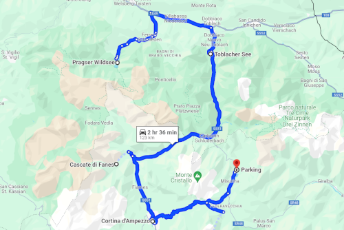 Trip map of Traveling around Cortina d'Ampezzo located in the Dolomites Mountains, Trentino Alto Adige, Italy