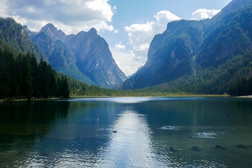 Landscape from Dobbiaco Lake, Dolomites, Trentino Alto Adige, Italy, in a sunny summer day