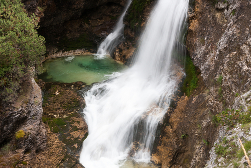 Fanes Waterfalls in Fanes Sennes Braies Nature Park, Cortina d'Ampezzo, Dolomites mountains, Trentino Alto Adige, Italy