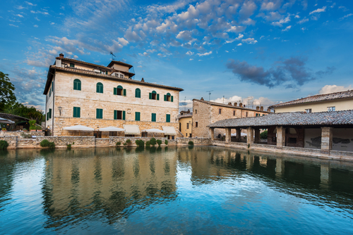 Medieval thermal baths in village Bagno Vignoni, Val d'Orcia, Tuscany, Italy