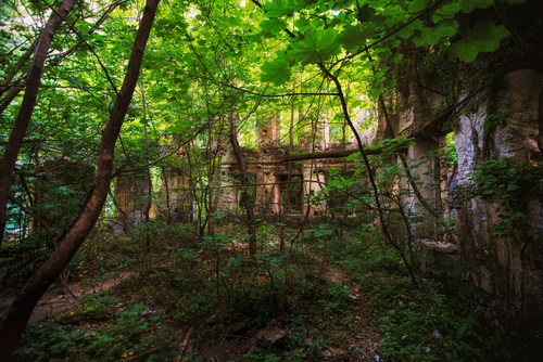 View of ruins at the beautiful Valle delle Ferriere Nature Reserve, Amalfi Coast, Campania, Italy