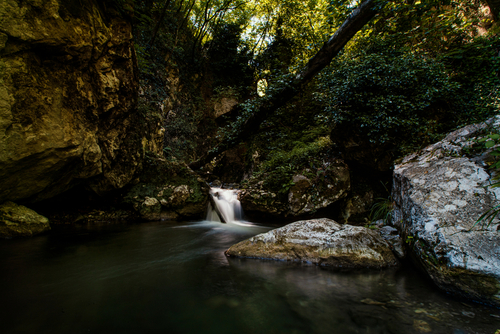 View of a waterfall at the beautiful Valle delle Ferriere Nature Reserve, Amalfi Coast, Campania, Italy