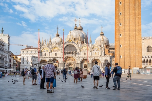 View from St. Mark's Square with Saint Marks Basilica, the main tourist attraction in Venice, Veneto, Italy