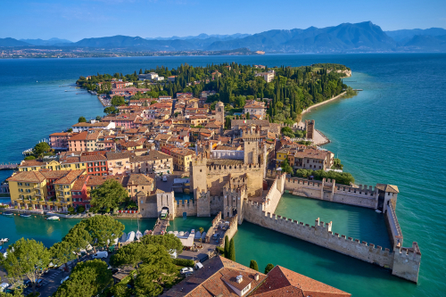 Aerial view of the city of Sirmione, panoramic view of Lake Garda, Veneto, Italy