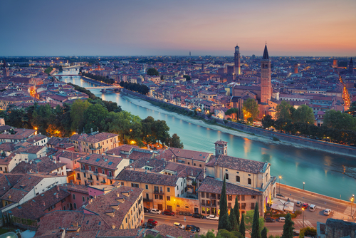 Summer sunset of an aerial view of the city of Verona, Veneto, Italy