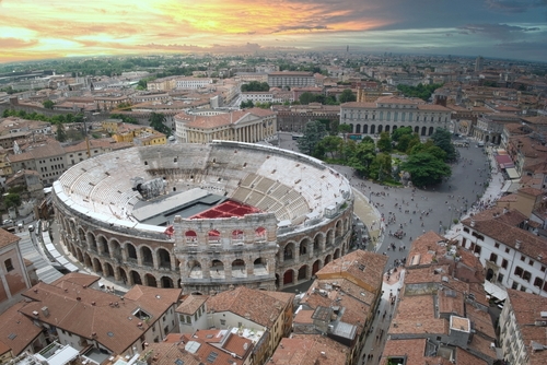 Aerial view of Verona at Sunset with the Verona Arena in the center, Veneto, Italy