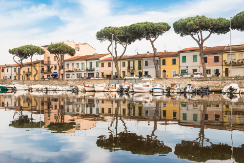 View of the town and the Burlamacca canal with boats, a popular touristic place and home of the famous carnival of Viareggio in Tuscany, Italy