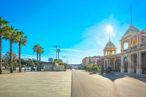 View of the famous Passeggiata a mare, seafront footpath promenade in Viareggio, Versilia, Lucca, Tuscany, Italy