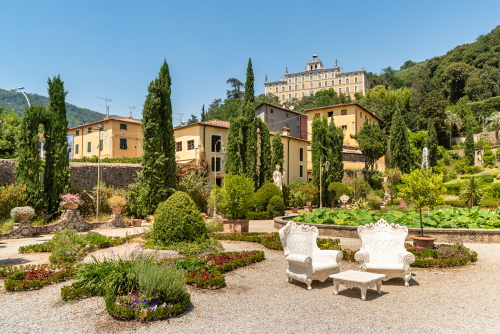 View of a beautiful sitting area at the historic Garden Garzoni in Collodi, in the municipality of Pescia, province of Pistoia in Tuscany, Italy