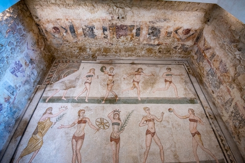 UNESCO World Heritage Site of Villa Romana del Casale displaying ancient mosaics in Piazza Armerina, Sicilia, Italy