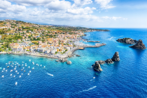 Landscape with aerial view of Aci Trezza, Sicily island, Italy