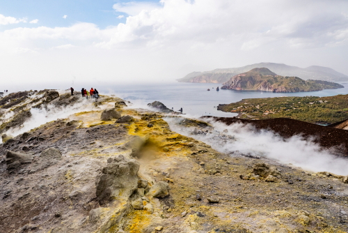 View from sulphurous fumaroles from the top of the island of Vulcano, Lipari and Salina islands in the background. The island of Vulcano is an active volcano, Aeolian Islands, near Sicily, Italy