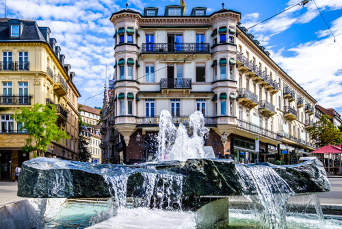 Historic buildings and fountain in the famous old town of Baden-Baden, Baden-Wuerttemberg, Germany