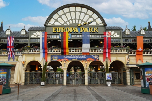 View of Europa Park's main entrance building, the largest theme park in Germany located in the Black Forest Region