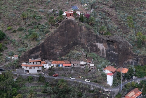 Mountain view with La Laja village, Barranco de las Lajas, behind the Roque de Ojila, municipality of San Sebastian, La Gomera Island, Canary Islands, Spain