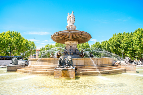 The Fountain de la Rotonde with three sculptures of female figures presenting Justice in Aix-en-Provence, Provence, France