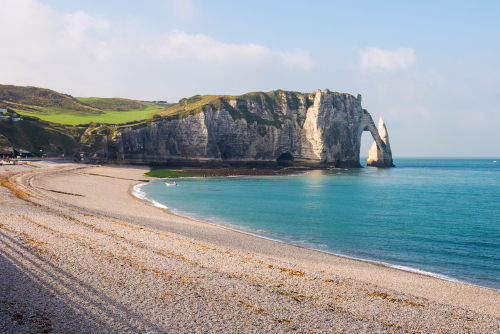 View of Etretat beach and white cliffs in Normandy, France