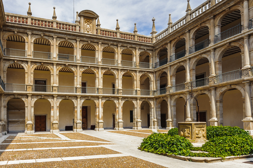 View of the courtyard at the University of Alcala, Alcala de Henares, Spain. The University is famous for its annual presentation of the prestigious Cervantes Prize