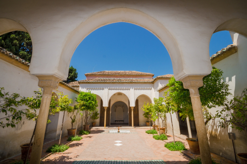 Interior courtyard of the famous landmark Malaga Alcazaba, in Malaga, Andalusia, Spain