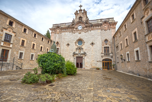 View of the courtyard of Santuari de Lluc, monastery in Alcudia region, Mallorca Island, Balearic Islands, Spain