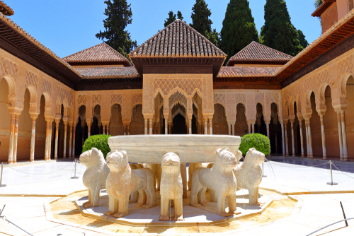 Beautiful Moorish Style design of a fountain in Alhambra fortress, Granada, Andalusia, Spain