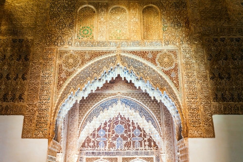 Interior view of the Moorish architecture at Alhambra fortress in Granada, Andalusia, Spain