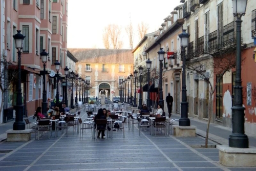 View of people sitting in a restaurant at the town of Aranjuez near Madrid, Spain