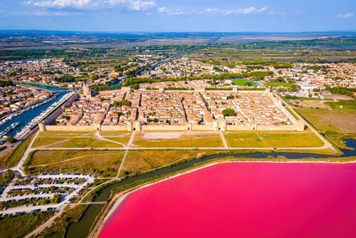 The aerial view of Aigues-Mortes, a medieval city surrounded by walls in the Occitanie region, Provence, France