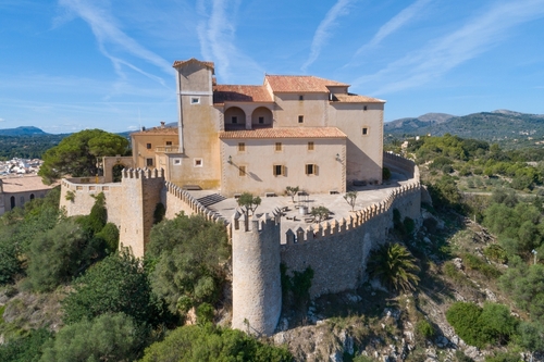 Aerial view of the castle of Artà, next to the sanctuary of Sant Salvador, in the Mallorcan village of Artà, Mallorca Island, Balearic Islands, Spain