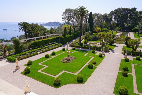 Beautiful view of the villa and Gardens of Ephrussi de Rothschild in Saint Jean Cap Ferrat, near Nice, French riviera, France