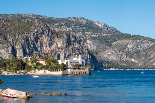 Exterior view of Villa Kerylos is a Greek-style property built in the early 1900s by French archaeologist Theodore Reinach, Beaulieu sur mer, Cote d'Azur, France