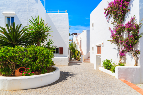 Traditional white houses decorated with flowers in Portinatx village, Ibiza island, Balearic Islands, Spain