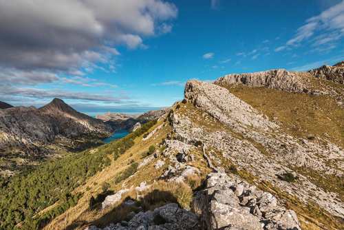 Sierra de Tramuntana mountains scenery with views over the Gorg Blau water reservoir and some beautiful peaks, Mallorca island, Balearic Islands, Spain