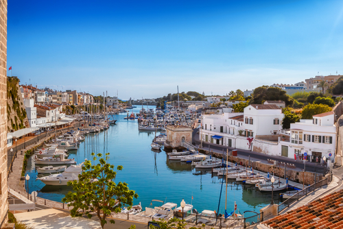 View of the old town Ciutadella sea port on a Sunny day, Menorca island, Balearic Islands, Spain