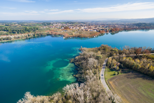 Aerial view of lake and city of Banyoles, Catalonia, Spain