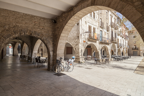 View of the main square in the town of Banyoles, Catalonia, Spain