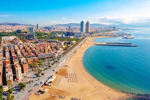 Aerial view of Ciutat Vella district with Barceloneta beach, Barcelona, Catalonia, Spain