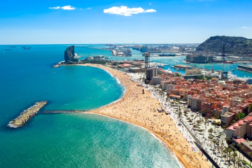 Barcelona central beach aerial view Sant Miquel Sebastian plage, Barcelona, Catalonia, Spain