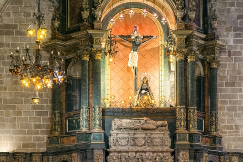 Interior view of the Barcelona Cathedral in Barcelona, Catalonia, Spain