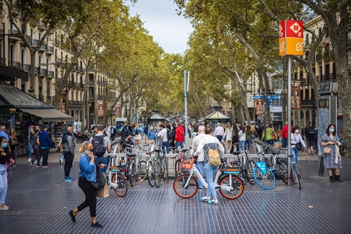 Carrer la Rambla Boulevard in the City Center of Barcelona, Catalonia, Spain. Busy pedestrian zone, tourists spot the Spanish metropolis