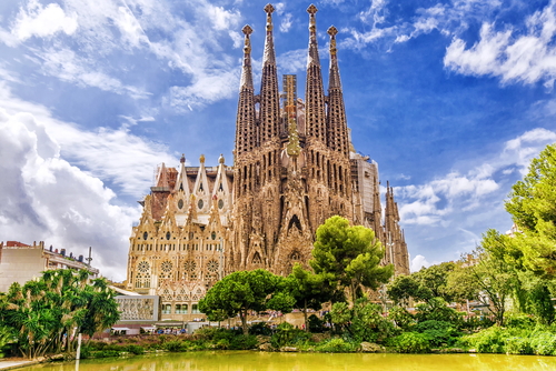 View of the Sagrada Familia in Barcelona, Catalonia, Spain. The most known building created by Antoni Gaudi