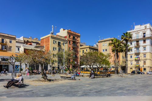 View of a promenade along Barceloneta beach the oldest and most famous in city of Barcelona, located in the neighborhood of La Barceloneta, Catalonia, Spain