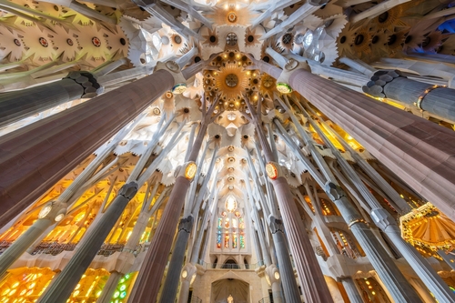 Interior view of the gorgeous Basilica de la Sagrada Familia designed by Antoni Gaudi, Barcelona, Catalonia, Spain