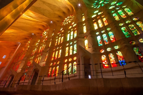 Amazing Stained glass inside of basilica de la Sagrada Familia designed by Antoni Gaudí, Barcelona, Catalonia, Spain
