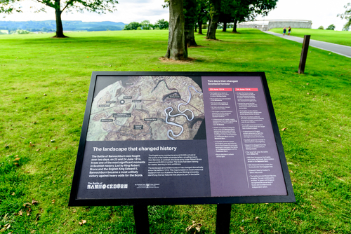 Visitor information sign at The Battle of Bannockburn visitors centre, near Stirling, Scotland, United Kingdom