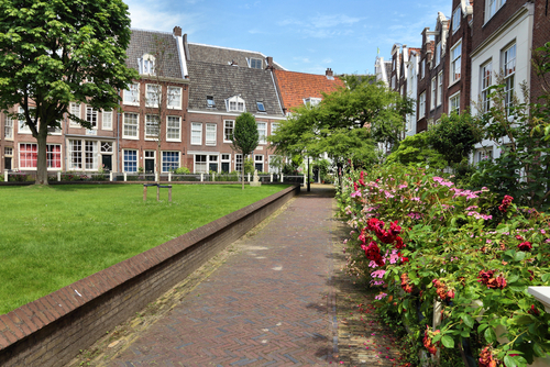 Rowhouses at Begijnhof, one of the oldest inner courts in the city of Amsterdam, The Netherlands